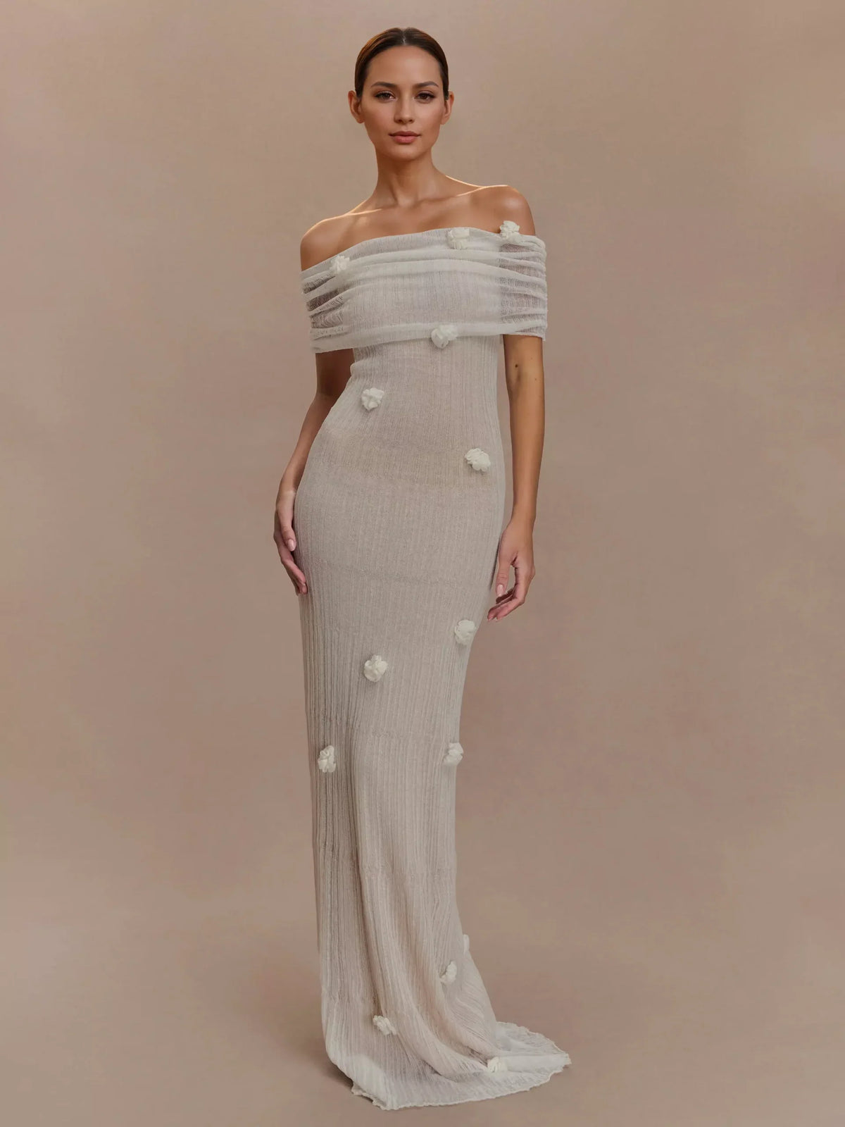 Bohemian Off Shoulder Floral Accents For Formal Events Maxi Gown