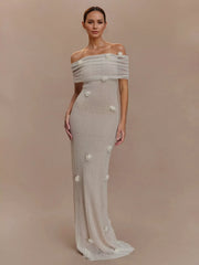 Bohemian Off Shoulder Floral Accents For Formal Events Maxi Gown