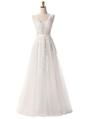 V Neck A Line Sleeveless Floor Length Lace Applique Party Prom Dresses