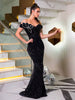 Rhinestone Leaves Off the Shoulder Stretch Sequined Velvet Long Evening Party Maxi Dress