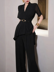 V Neck Short Sleeve Spliced Belt Coat High Waist Pant Sets