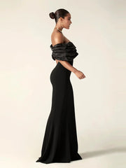 Elegant Satin Ruffle Shoulder High Slit Off the Shoulder Pleat Bodycon Long Maxi Dress