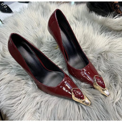 Designer Ladies' Elegant Retro Pointed-toe Shallow Mouth Gemstone High-heeled Metal Patent Leather One-strap Heel