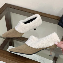 Turned Over Edge Furry Design Pumps Pointed Toe Suede High Heel