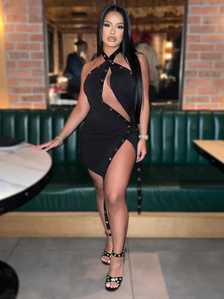 Elegant Skinny Elastic Hollow Ribbon Halter Backless Bodycon Mini Dress