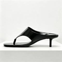 Black Soft Leather Flip-flops Square Toe Thin High Heel