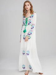 Elegant Floral Embroidery V Neck Long Sleeve Beach Dress