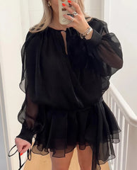 Elegant Classic Pleated Casual O-Neck Long Sleeve Loose Mini Dresses