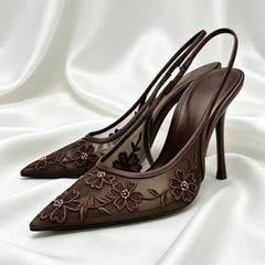Handmade Embroidered Flower String Bead Slingback Heel