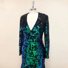 V-neck Long Sleeves Sequins Soiree Evening Prom Dresses Mermaid