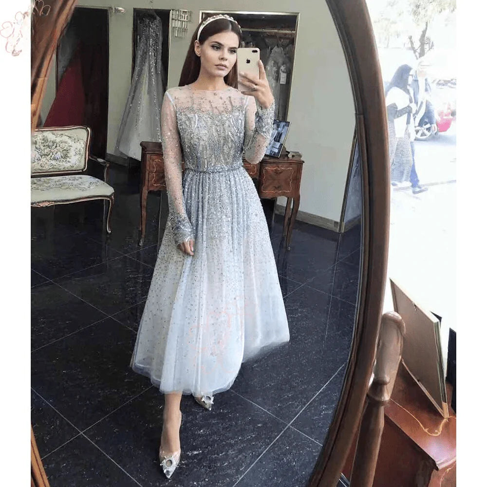 Elegant Long Sleeves O Neck A-Line Evening Night Dresses for Women