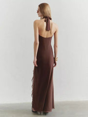Bohemian Butter Halter Neck Ruffled Events Maxi Dress