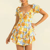 Casual V Neck Short Sleeve Patchwork Ruffles Backless Floral Printing Short Dress