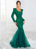 Elegant Full Sleeved Patchwork V Neck Fishtail Sparkle Sequined Evening Party Maxi Dress
