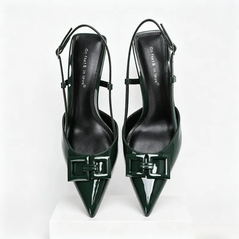 High-quality Patent Leather Slingbacks Pumps Pointed Toe Thin High Heel