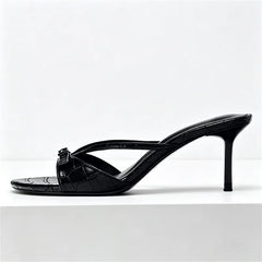 Embossed Top Design Slippers Peep Toe Heel