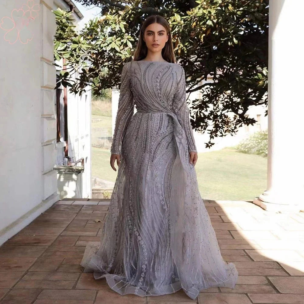 Full Lace Mermaid Boat Neck Crystal Handmade Evening Dresses