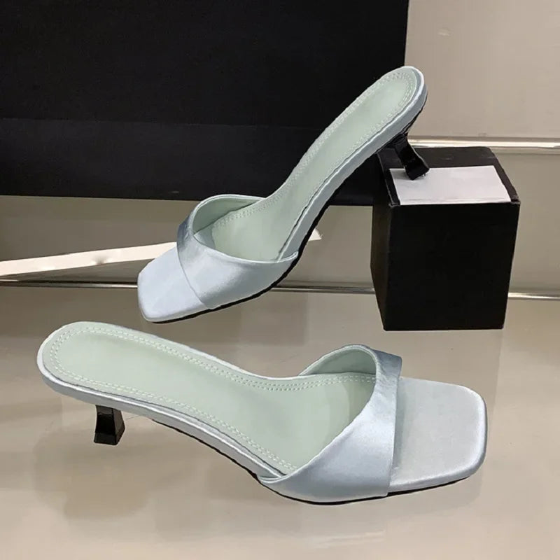Open Toe Silk Slippers Thin Low Heel