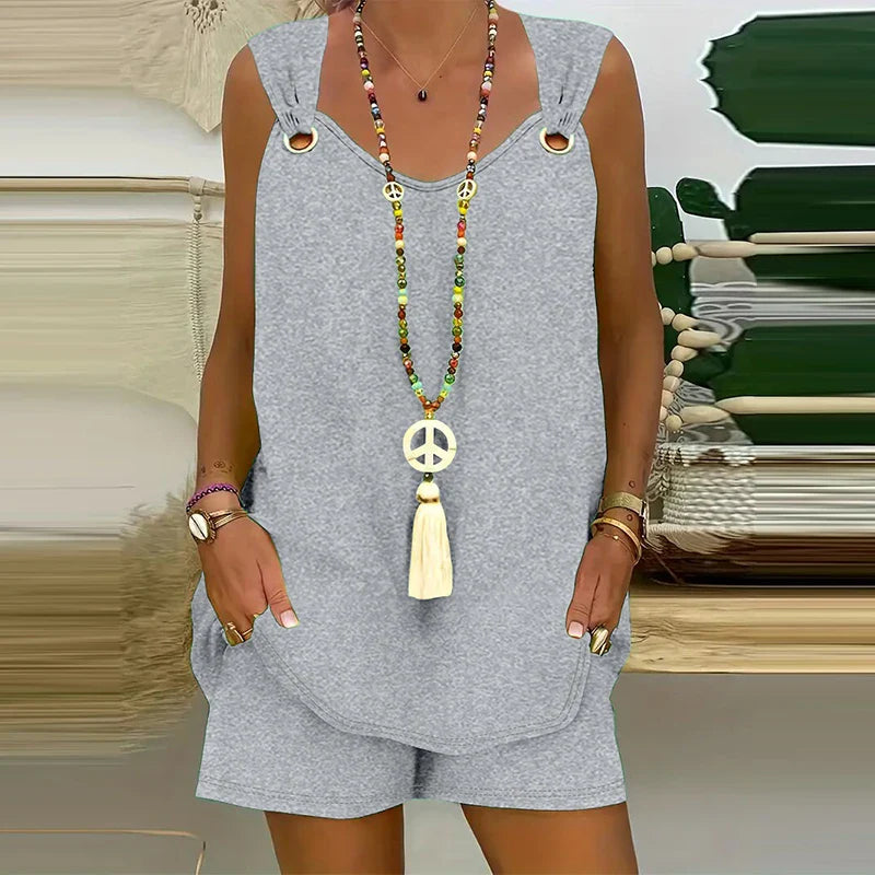 Casual Suspender Sleeveless Solid Color Top and Pants Set