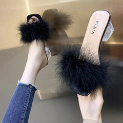 Slippers Open Toe Plush Fox Fur Chunky with Flip Flops Home Banquet Square Toe Simple Pumps