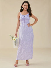 Floral Print Strap Tie Open Back Ruffle Trim Shirred Dress
