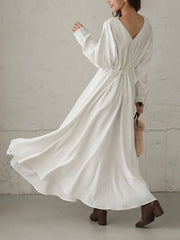 Maxi Dress V-Neck Cotton Retro Pleated Floor Length Dress