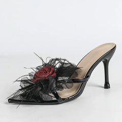 Flower Decoration Slippers Pointed Toe Slide Sandals for Elegant Street Style Thin High Heel