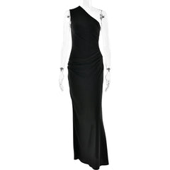 Elegant Patchwork Satin One Shoulder Sleeveless Maxi Dress