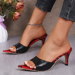 Simple Snake Pattern Stiletto Slippers Pointed Toe Open Toe Anti-Slip Wear-Resistant High Heel