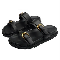 Luxury Brand Designer Platform Slippers for High Quality Soft Leather Metal Buckle Slide Sandals Beach Flat Shoes