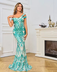Luxurious Sequin Off-Shoulder Mermaid Sleeveless Floor-Length Evening Maxi Dress