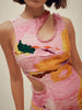 Elegant Print Round Neck Sleeveless Hollow Out High Waist Slim Pleated Midi Dress