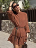 Casual Long Lantern Sleeve Lace Decorated Vertical Loose Fitted O-Neck Short Pleated Mini Dress