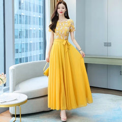 Elegant Round Collar Lace Chiffon Casual Long Dresses