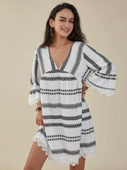 Bohemian Geo Print Lace Stitch V-neck Midi Dress