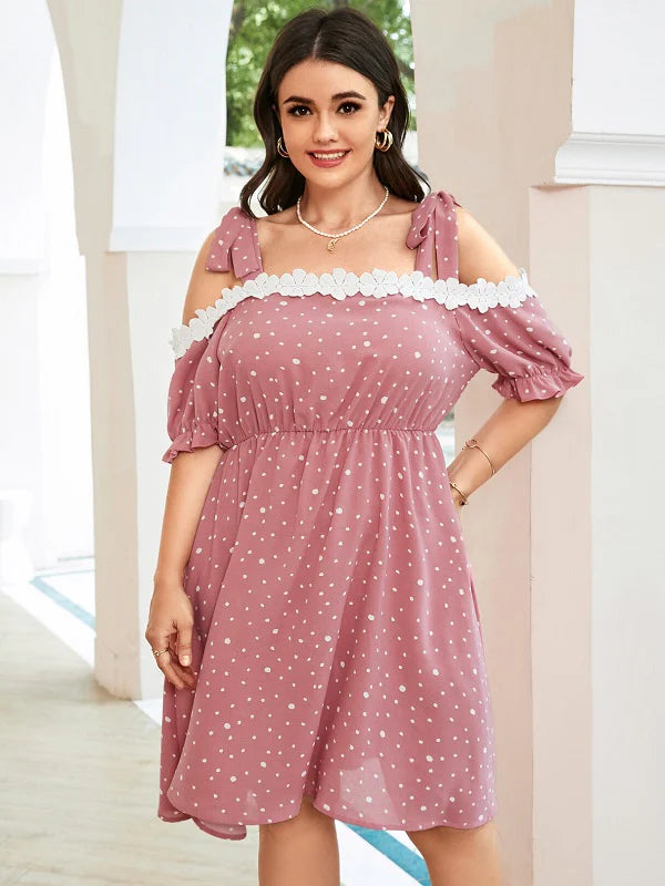 Plus Size Spotted Tie Strap Ruffle Sleeve Midi Dress