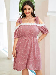 Plus Size Spotted Tie Strap Ruffle Sleeve Midi Dress