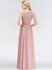 A Line Jewel Neck Floor Length Zipper Lace Wedding Party Bridesmaid Dress