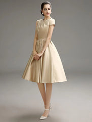 Casual Pleated Satin Fabric Cocktail Knee-Length Dress