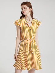 Stripe Print Drawstring Button Cap Sleeve Dress