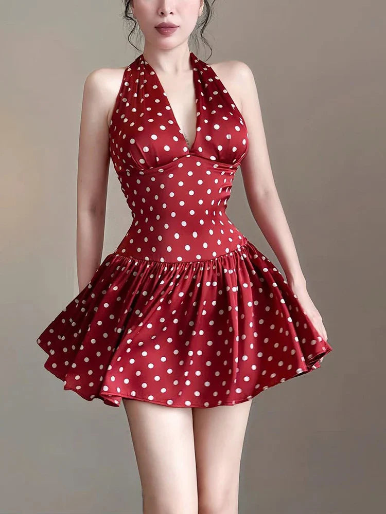 Elegant Ruched Polka Dots Print Halter Off Shoulder Backless Ruffles Mini Dress