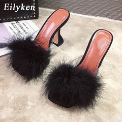 Peep Toe Slippers Feather PVC Transparent High Heel