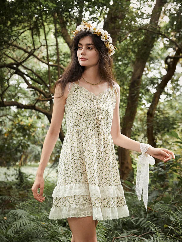 Floral Print Tiered Tie Shoulder Strap Lace Trim Dress