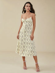 Floral Print Slit Backless Strap Midi Dress