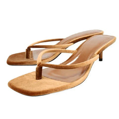 High-quality Brown Velvet Kitten-heel Slippers Square-toe Clip-toe Beach Flip-flops Luxury Brand Designer Shoes