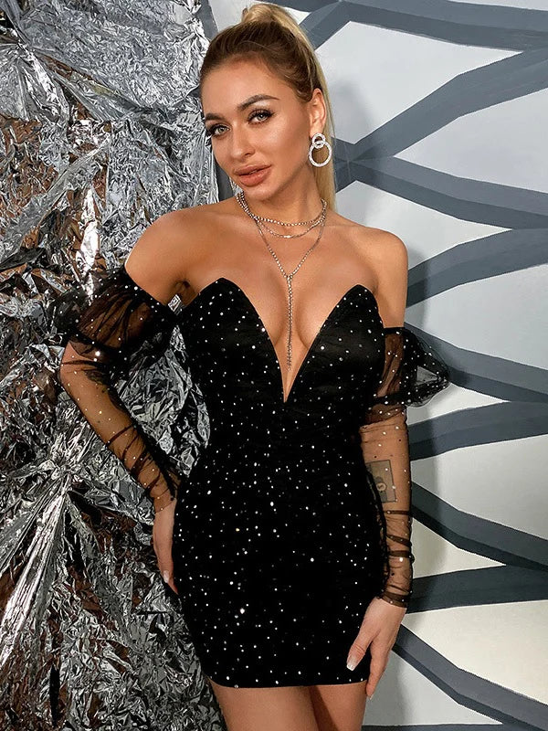 Sequined Backless V Neck Party Short Dress