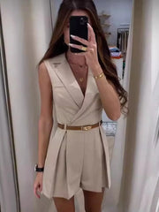 Elegant Solid Color Office Lady Temperament Sleeveless Lapel Slim Short Jumpsuit