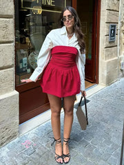 Casual Loose Shirt With Strap Mini Dress Cotton Two Pieces Set