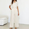 Simple Single Breasted Short Sleeve Shirt Collar Ankle Straight Jumpsuits