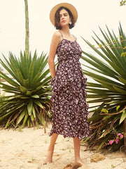 Floral Print Ruched Ruffle Strap Open Back Midi Dress